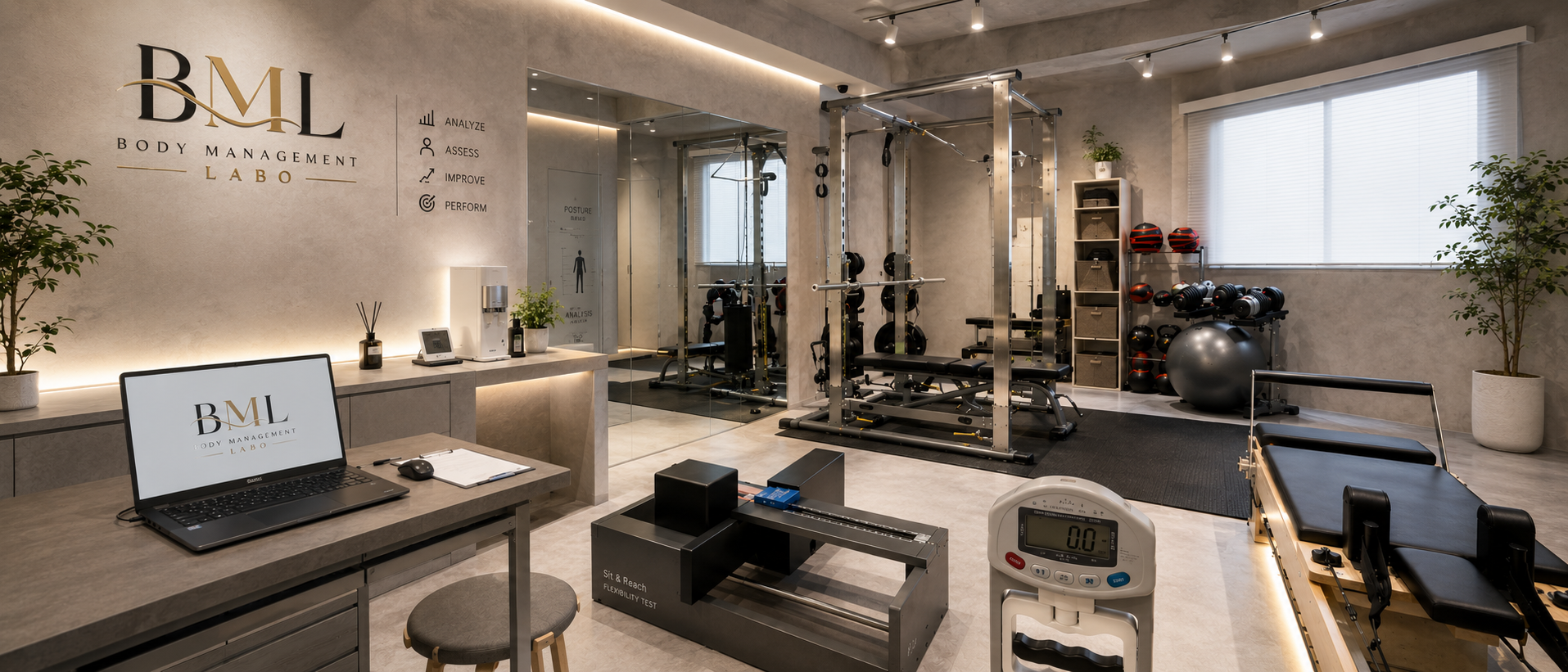 BODY MANAGEMENT LABOの店内。BODY CHECK AREAと測定機器
