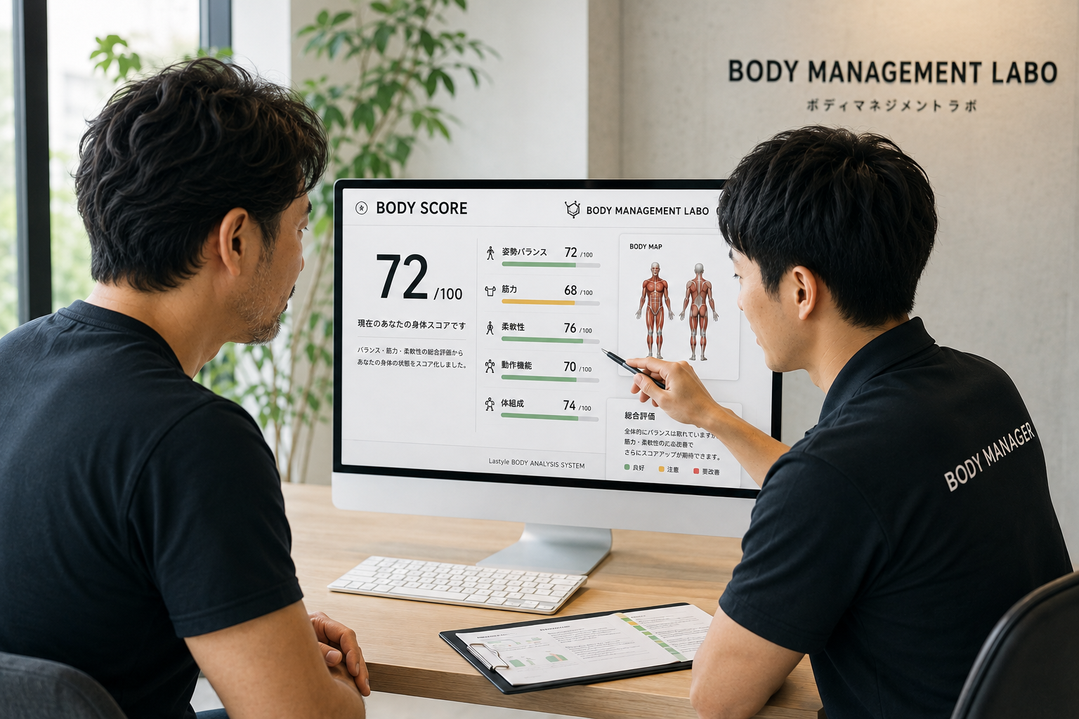 BODY SCOREの測定結果を画面で説明している様子